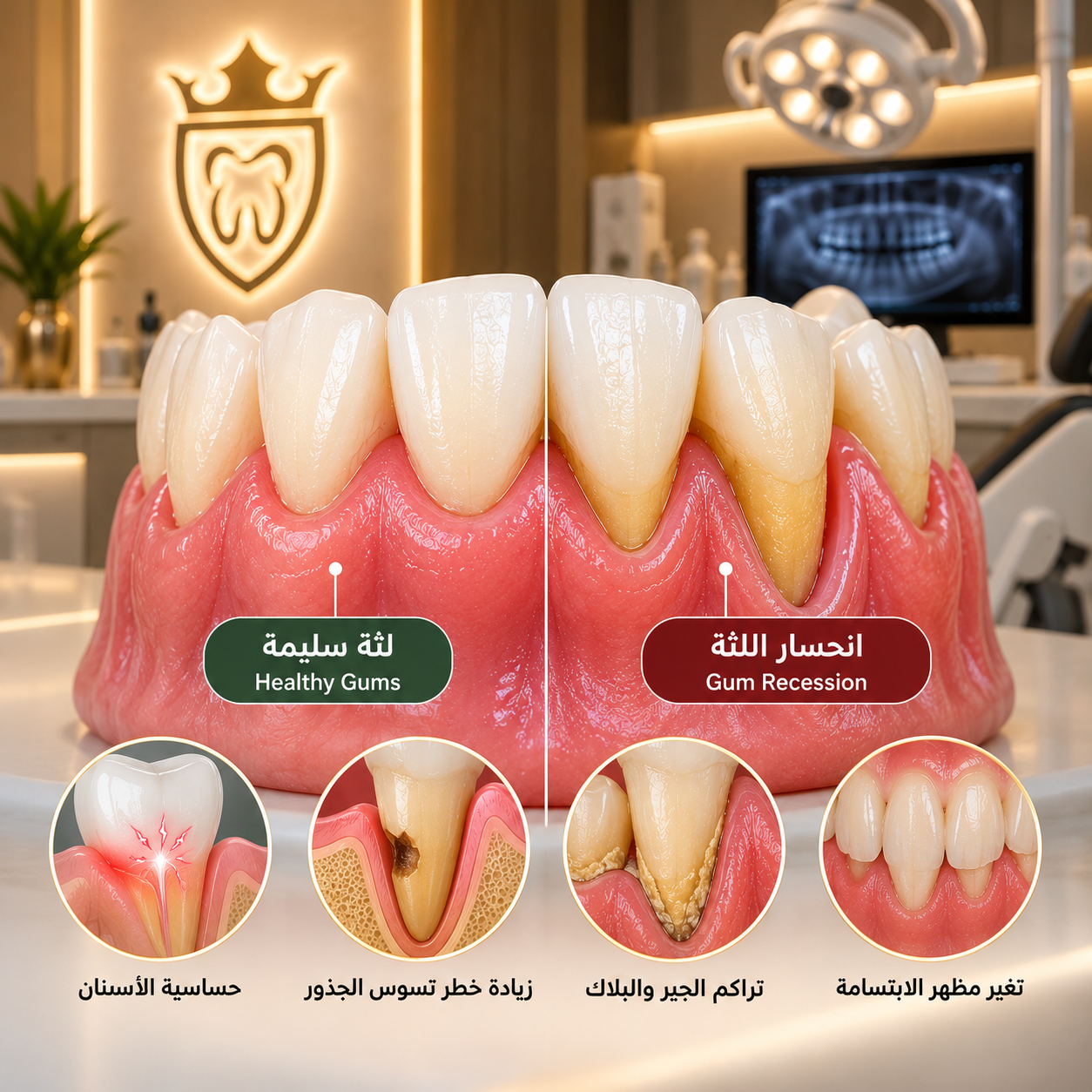 <p>انحسار اللثة: لماذا تنكشف جذور الأسنان وكيف يتم علاجها؟</p>